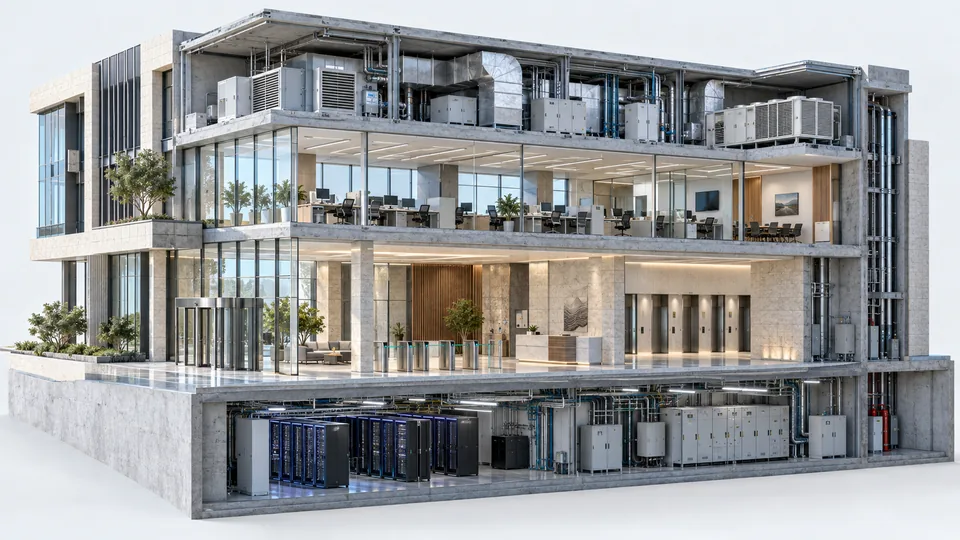 Conceptual cutaway showing building entrances, offices and technical services