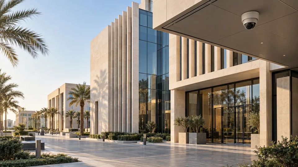 Conceptual Saudi commercial architecture with integrated security infrastructure